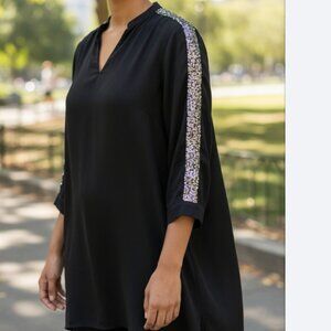 ZARA BASIC Tunic Dress Pullover Sequins Black Lyocell V Neck XS Brand New